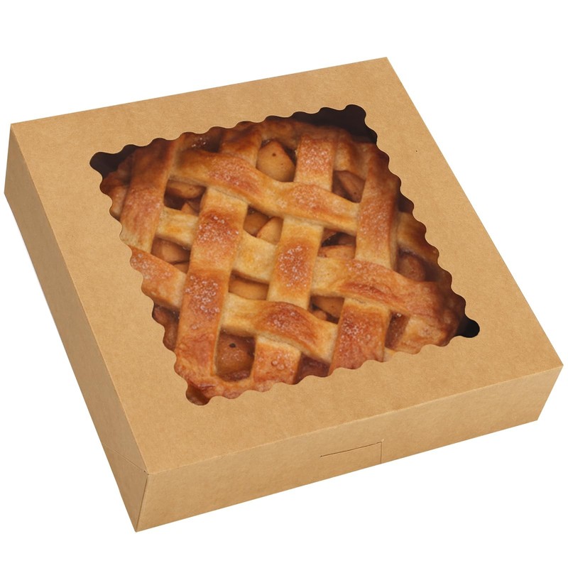 5 PCS Brown Pie Boxes With Window 10x10x2.5 In AutoPopup Bakery Pastry Case