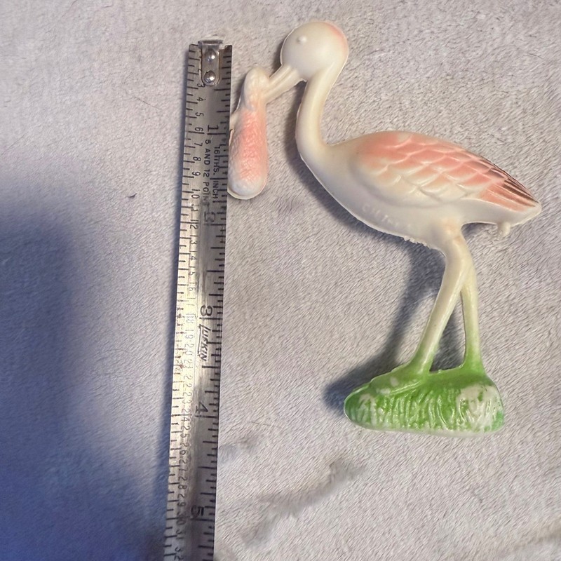 Vintage Pink Stork Carrying Baby Plastic Cake Topper Baby Shower Nursery Decor gallery