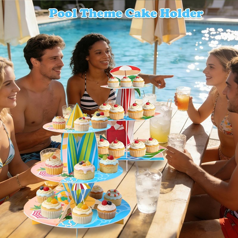 4PCS Summer Beach Luau Hawaiian Cupcake Stand, 3 Tier Tropical Surfboard Them... gallery