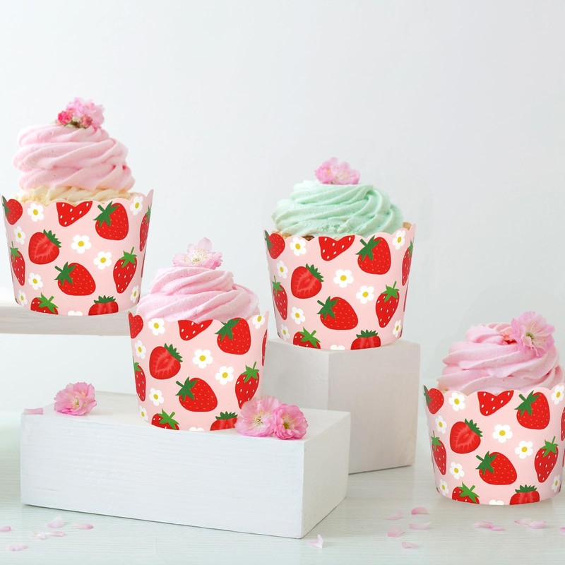 Strawberry Paper Baking Cups 100 PCS Pink Red Scalloped Muffin Wrappers gallery