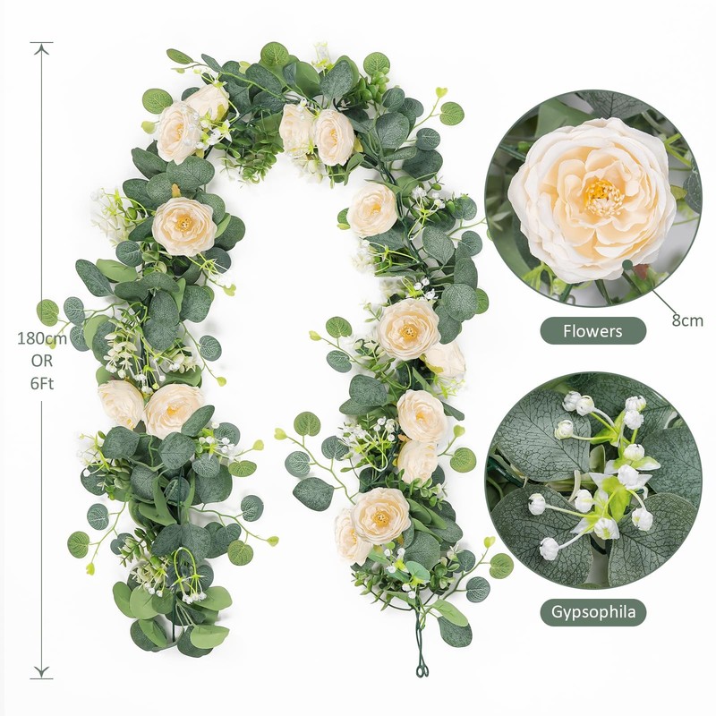 TOCHGREEN 4 Pack 24Ft Artificial Eucalyptus Flower Garland with Champagne Roses, gallery