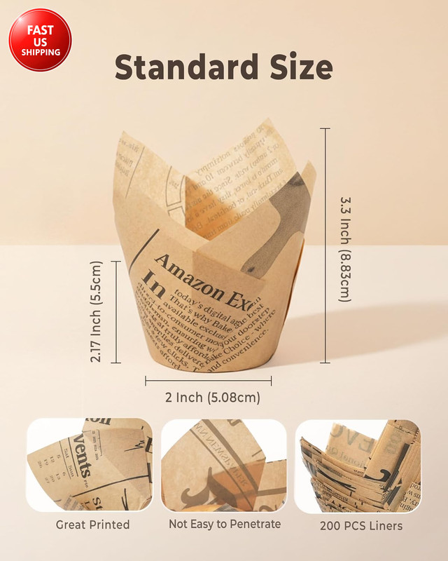 200Pcs Standard Tulip Cupcake Liners for Baking, Newspaper Print Parchment Paper gallery