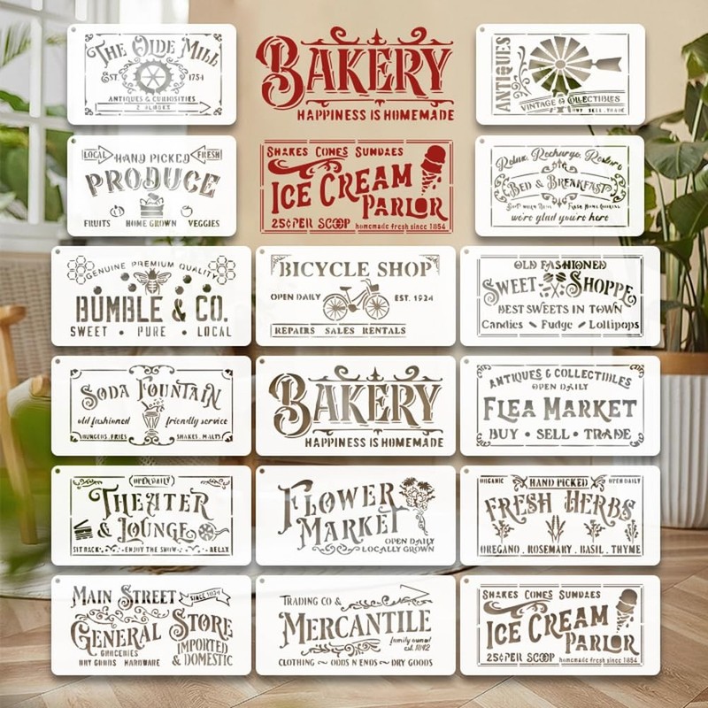 16Pcs Farmhouse Stencils Reusable Sign Painting Templates - Vintage Bakery, M...