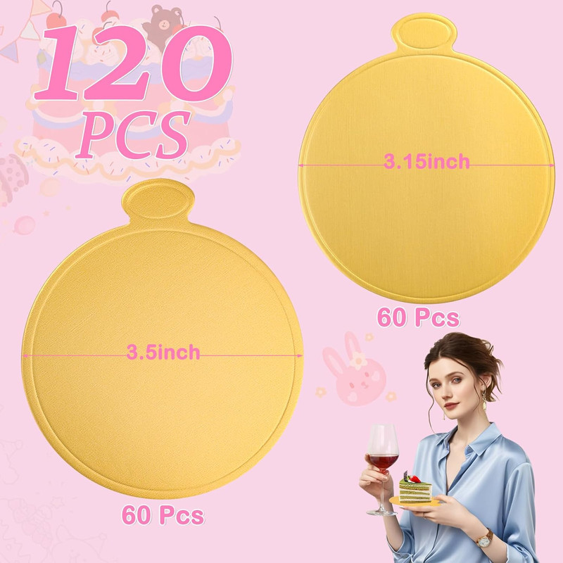 120 PCS Mini Cake Boards, Gold round Mousse Cupcake Base for Dessert, 3.15 Inch gallery