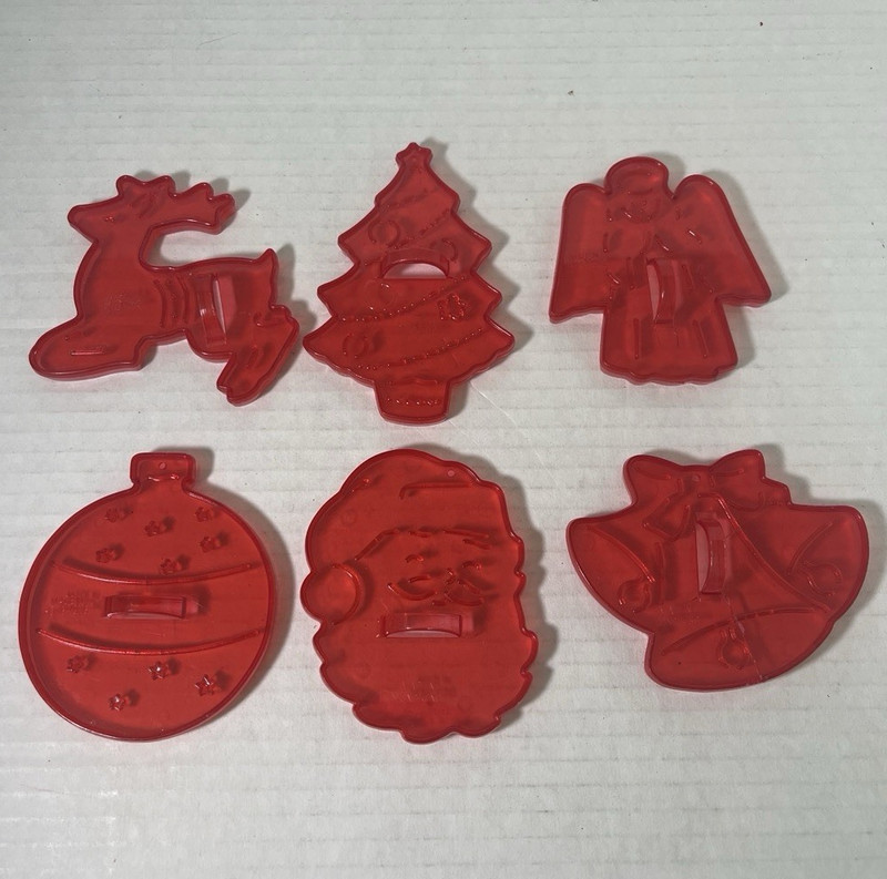 Red Plastic Christmas Cookie Cutter Set 5pc Standard Assorted Shapes w/ Handles