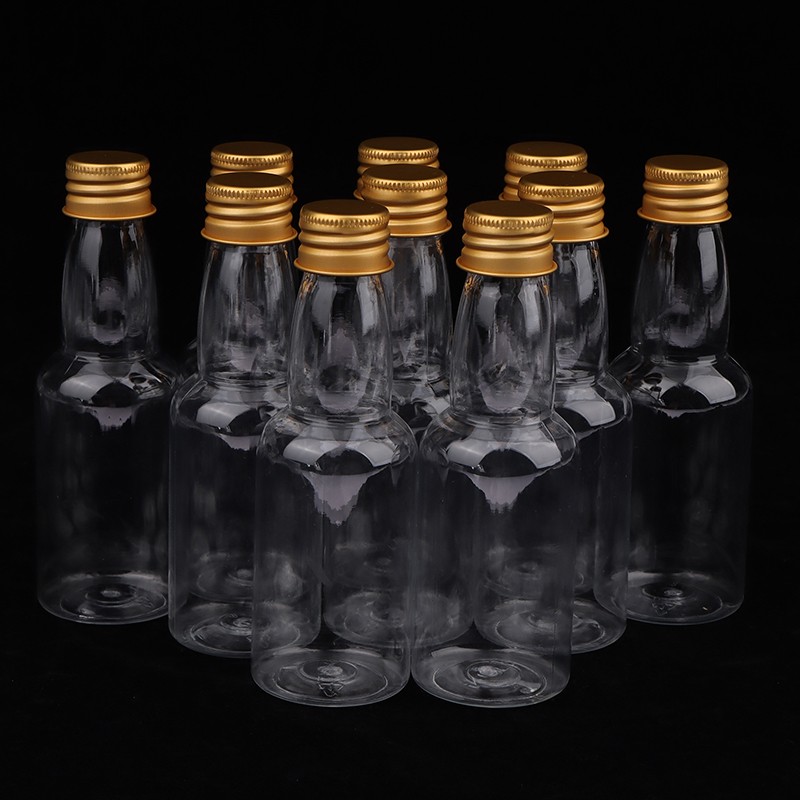 10Pcs 50ml Clear PET Refillable Small Wine Bottles With Leak Proof Screw Lid