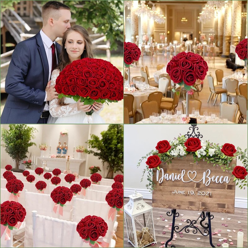 Waipfaru 100 Pcs Red Roses Artificial Flowers Bulk Real Touch Velvet Roses gallery