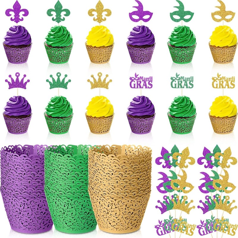 120 Pieces Mardi Gras Baking Wrapping Set Include 60 Pcs Artistic Cupcake Wrappe gallery
