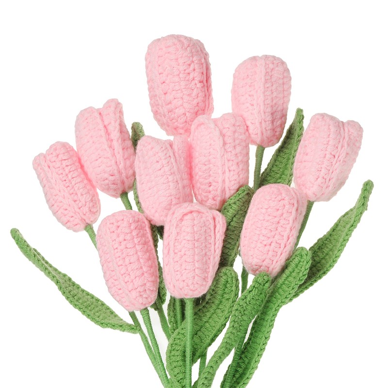 10 Pcs Tulip Crochet Flowers Bouquet for Gift Decoration Pink