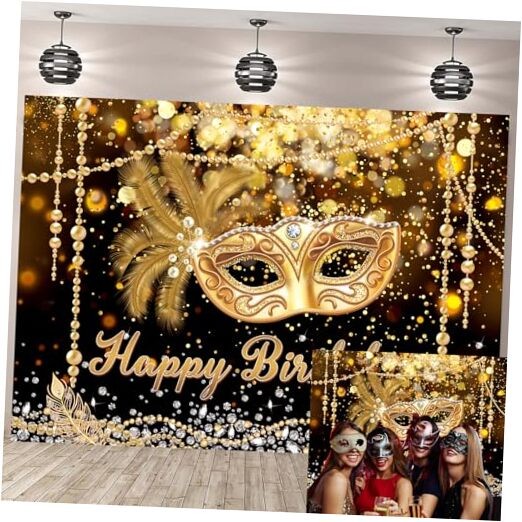 Masquerade Happy Birthday Backdrop Glitter Black Gold Mask 82×59 inch (7x5FT)