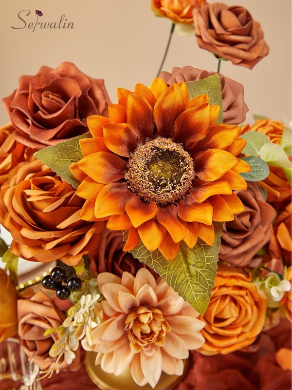 Serwalin Sunflower Artificial Flowers Burnt Orange Fall Flowers Fake Cake gallery