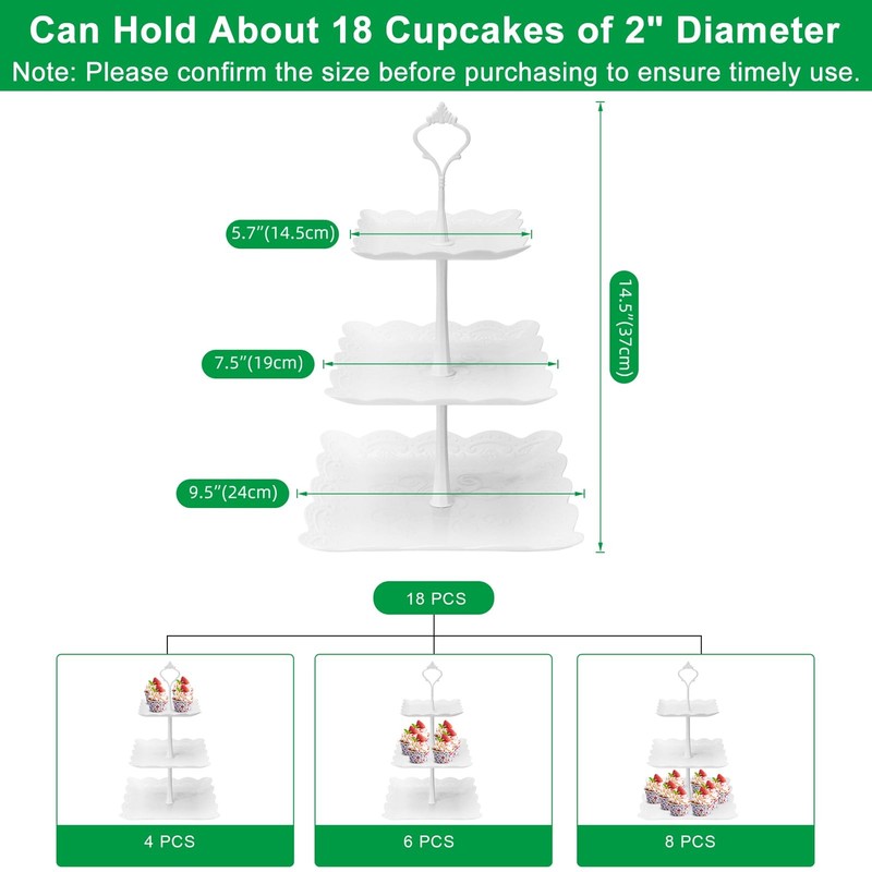 3 Tier Cupcake Stand, Plastic Tiered Serving Stand, Square Dessert Tray for T... gallery