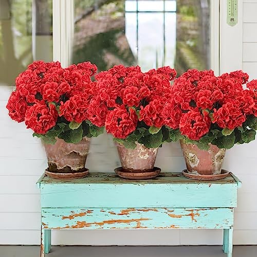 CISDUEO 4 Pcs Artificial Geranium Flowers for Outdoors Silk Geraniums Red gallery