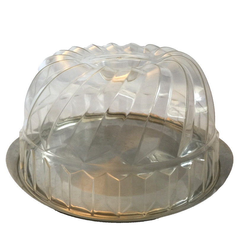 VINTAGE CAKE STAND & DOME LID 10" CLEAR ACRYLIC COVER SILVER METAL PLATTER gallery