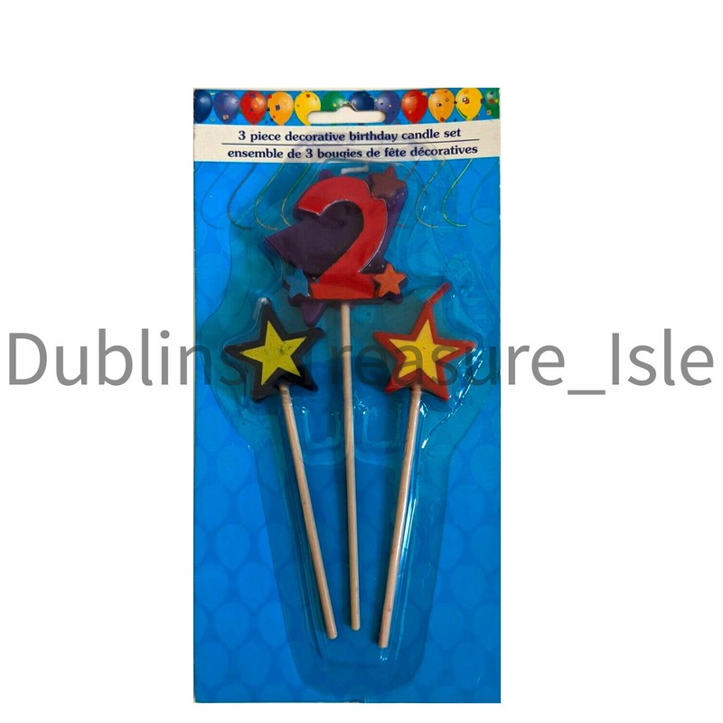 3 Piece Decorative Birthday Candle Set Number 2 with Stars Red, Purple, Yellow