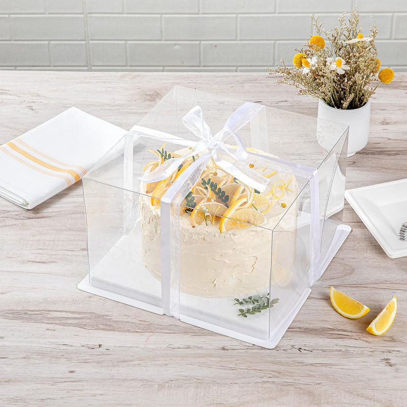 10" Clear Cake Boxes with Gray Ribbon - Floral Design, 10 Pack, Grease-Free gallery
