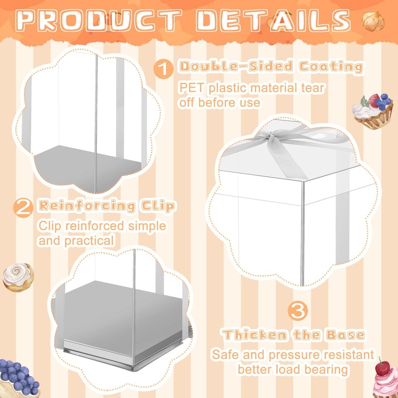6 Pack Large 12x12x13 Inch Clear Cake Box Round Boards Ribbon Carrier Silver gallery