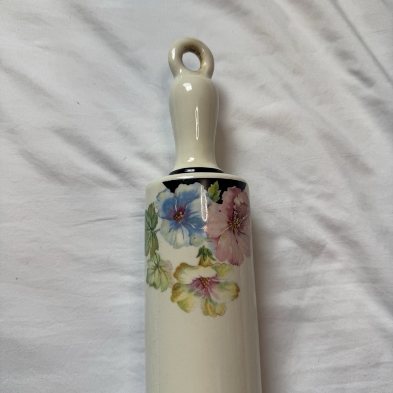 White Ceramic Rolling Pin w/ Handles, Multicolor Floral & Garden Pattern gallery