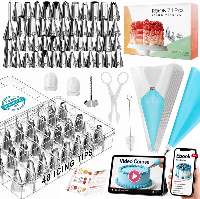 RFAQK 74 Pcs Icing Piping Bags and Tips Set, Cake Decorating Kit with 48-Numbere