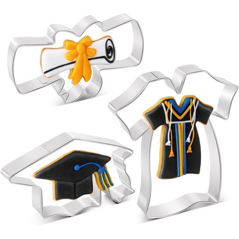 Graduation Cookie Cutters Set Stainless Steel Caps Diplomas Gowns Party Decor US gallery