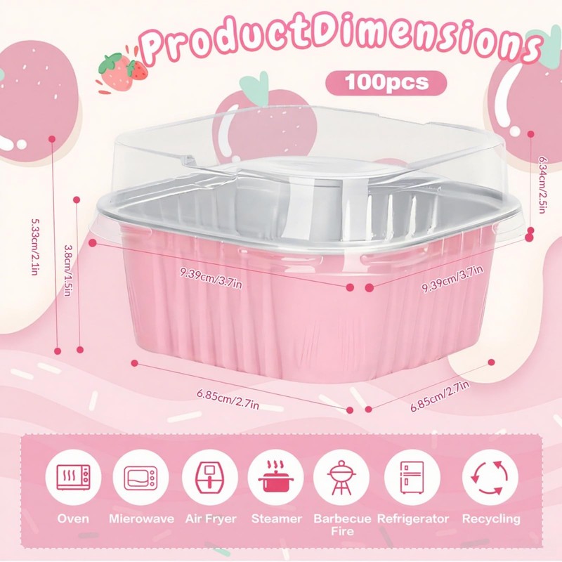 100Pack 5oz Pink Mini Cake Pans with Lids Baking Cups Aluminum Foil Pans Tins... gallery