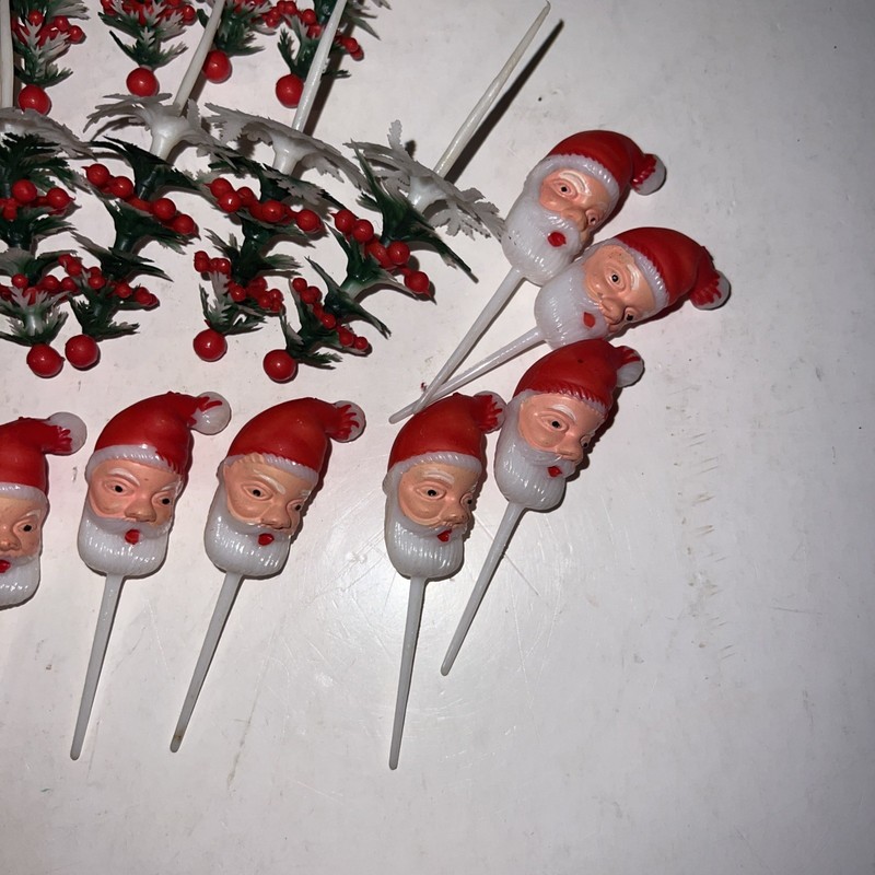 Vintage Christmas Cupcake Pick Lot Of 56! Baking Decorations Santa Claus & Trees gallery