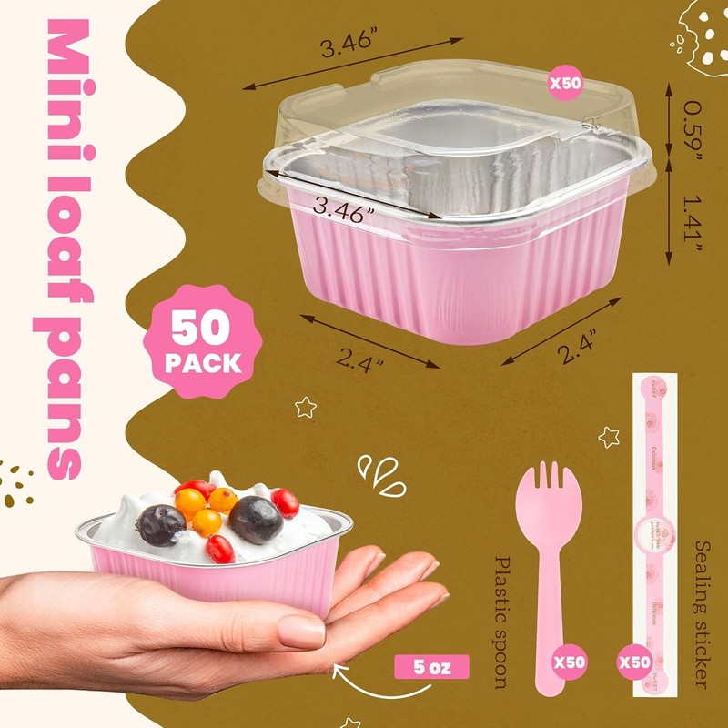 50 Pcs Mini Cake Pans with Lids and Spoons Aluminum Foil Mini Square Baking Cups gallery