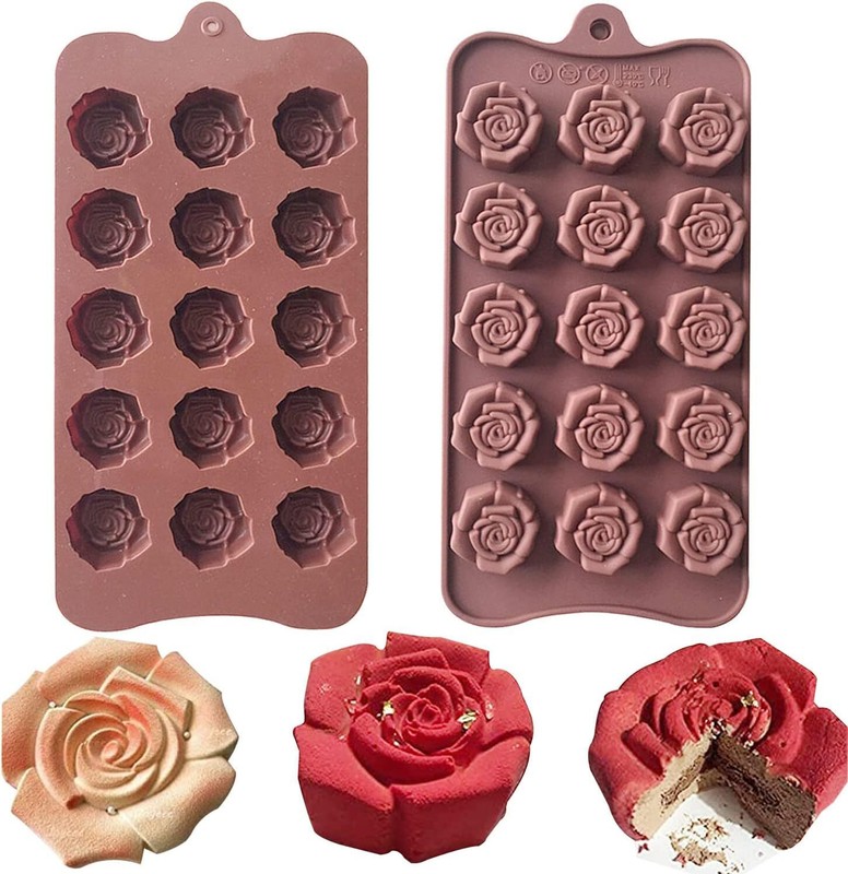 2 Pack 15-Cavity Rose Flower Shaped Silicone Chocolate Molds Ice Cube Mold Tray