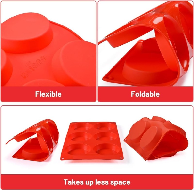 CAKETIME Muffin Top Pan, Silicone Egg Molds for Regular 3 inch - 3pcs, Red gallery