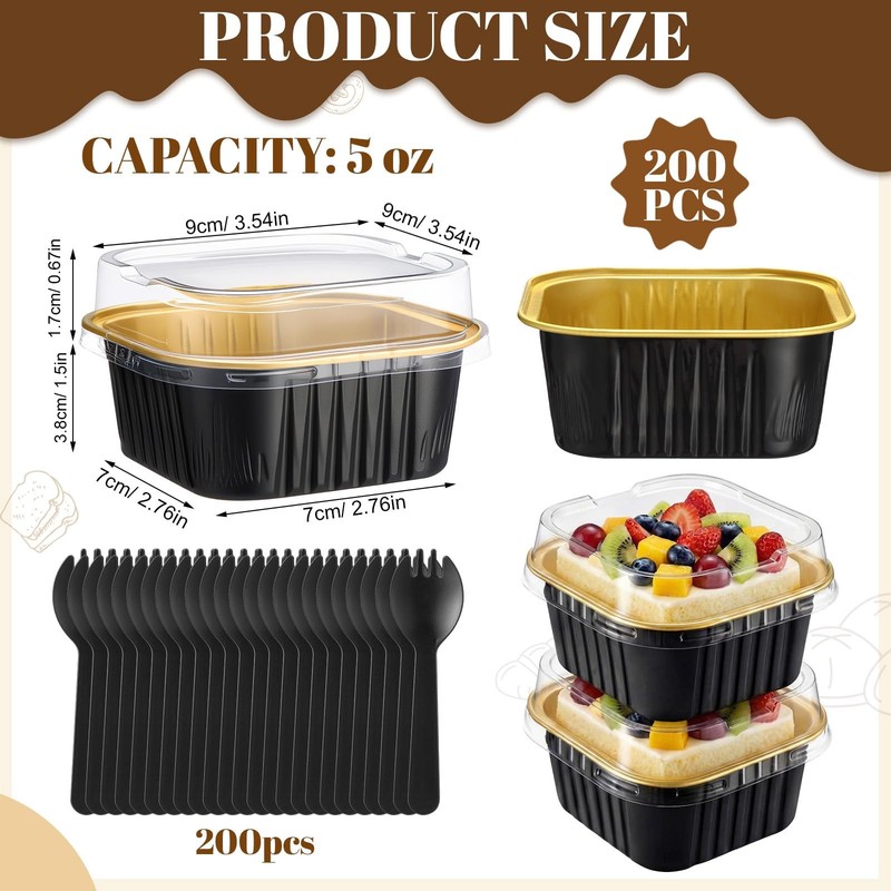 200 Pack 5 oz Mini Cake Pans with Lids and Spoons Bulk Small Aluminum Foil Sq... gallery