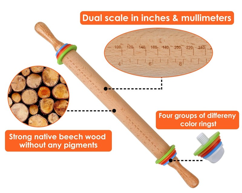 Rolling Pin with 4 Adjustable Thickness Rings and Long Handle 13.6 Inch Woode... gallery