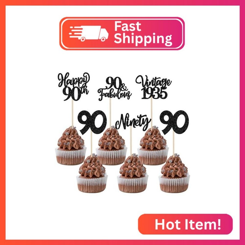 Rsstarxi 30 Pack Glitter Vintage 1935 Cupcake Toppers Happy 90th Birthday Cheers