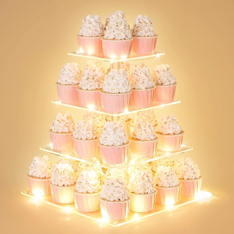 4 Tier Cupcake Stand with LED String Light, Acrylic Cupcake Display Stand, Sq... gallery