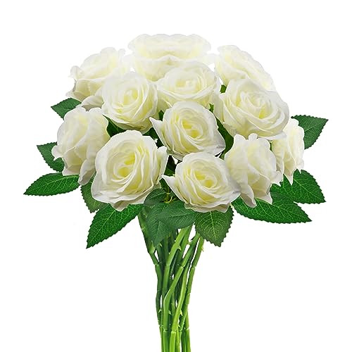 White Artificial Roses with Long Stems, 12Pcs Realistic Roses Artificial