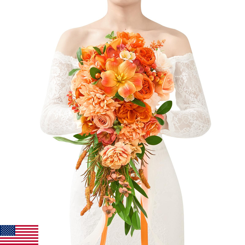 Serwalin 11 Inch Wedding Bouquets For Bride Bridesmaidfall Cascading Orange