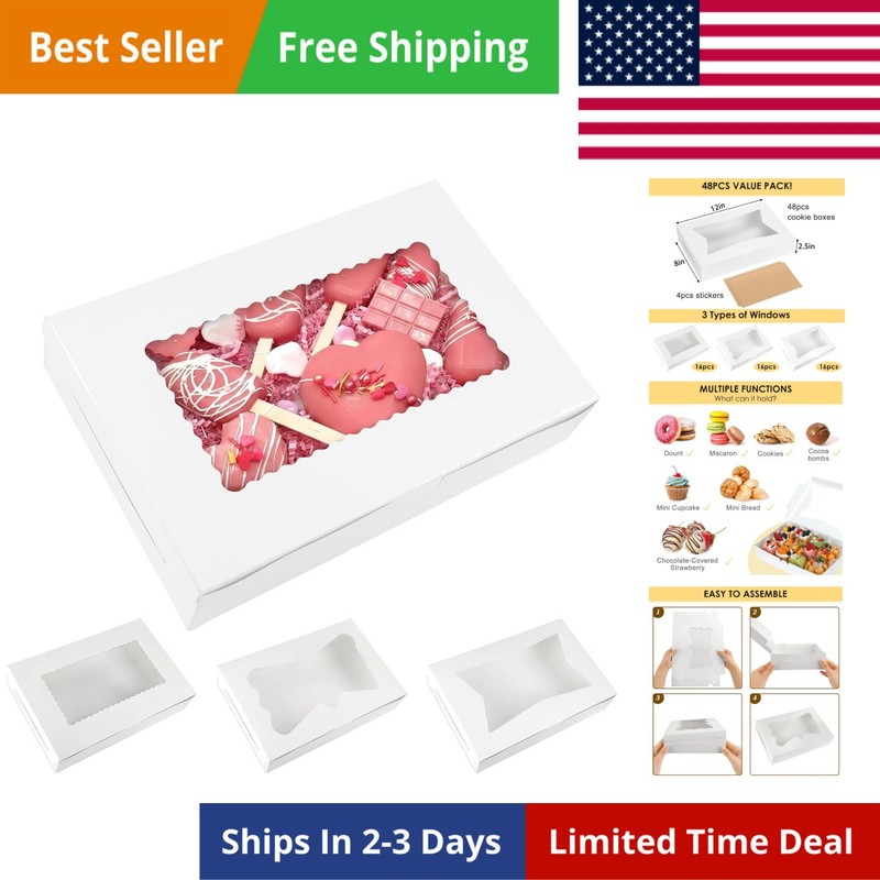 48pcs Bakery Boxes,12x8x2.5 Inches Cookie Boxes with 3 Style Window for Choco…