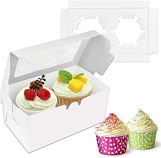 MUMULULU 10 PCS White Paper Cupcake Boxes with 2 Cavity Cookie Gift Boxes with C