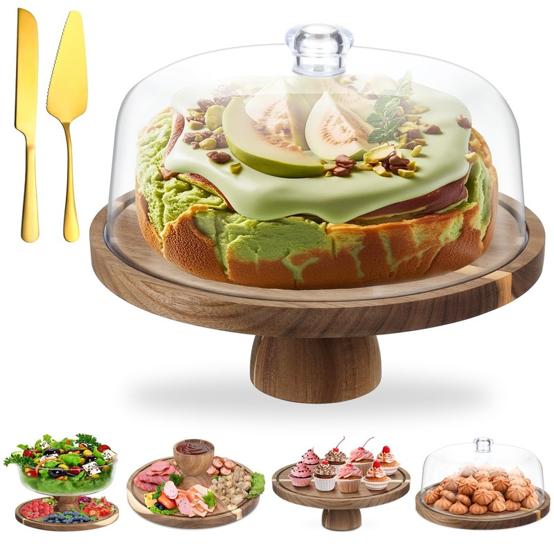 ASTROLIN Acacia Wood Cake Stand with Lid, 12” Round Cake Holder with Clear A…