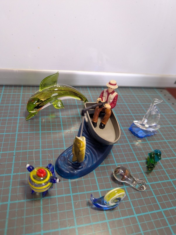 Vintage 2002 DecoPac Cake Topper Fisherman Fish 2.75" Plastic & Blown Art Glass gallery