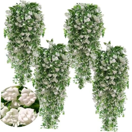 Toprooms Artificial Hanging Flowers UV Resistant Vines Ivy 4 Pcs White-rose