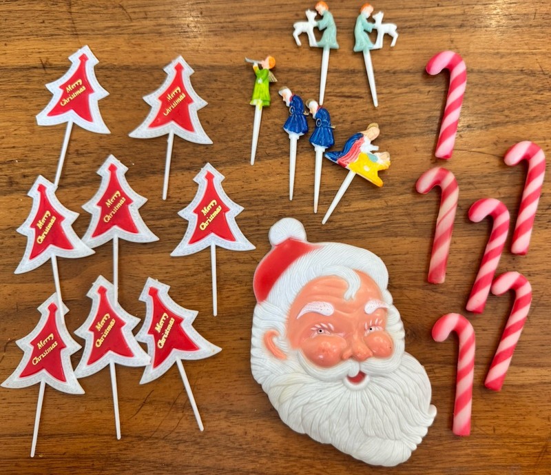 Vtg Lot of 20 Picks Cake Cupcake Toppers Santa Blow mold Candy Cane Nativity