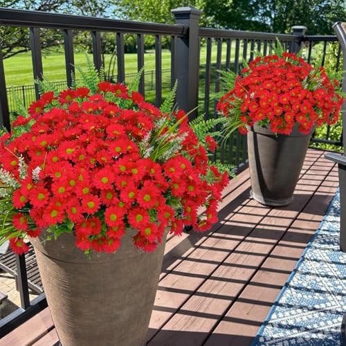Artificial Mums Flowers Faux Plants for Fall Winter Outdoor Outside, 12 Red gallery