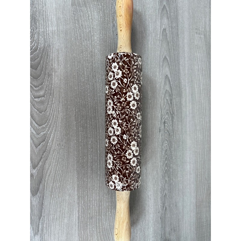 Vintage Brown Transferware Calico Rolling Pin Staffordshire Chintz Floral