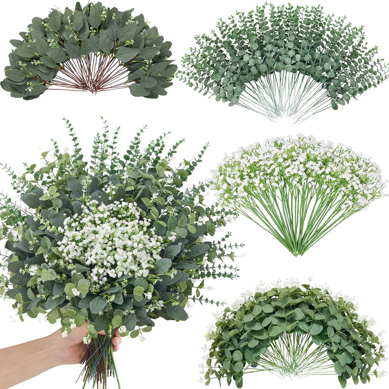 Faylifeway 240 Pcs 4 Kinds Mixed Faux Eucalyptus Stems Baby Breath Flowers