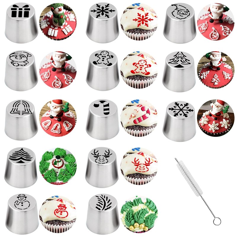 14-Piece Extra Large Christmas Russian Piping Tips, Stainless Steel Santa Cla…