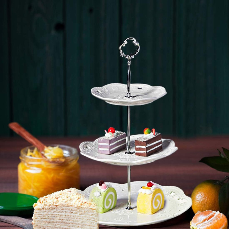 Bonnoces 3-Tier Porcelain Cupcake Stand Serving Tray - White Embossed Elegant De gallery
