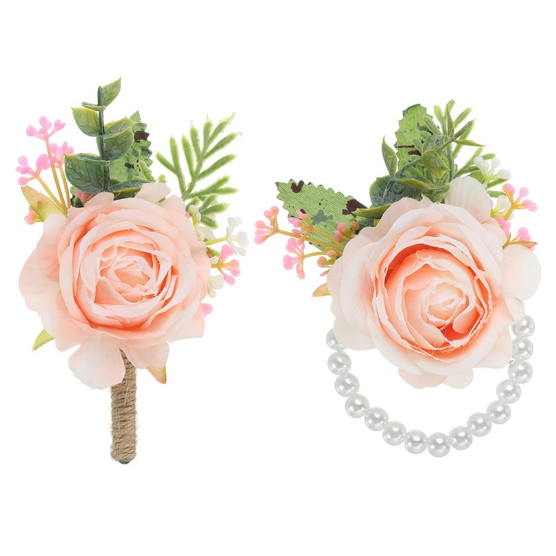 2 Pcs Rose Wrist Corsage and Boutonnieres Set, Wedding Flower Wristlet Dark Pink