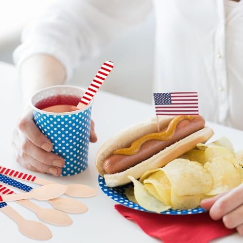120 Pcs Patriotic Wooden Spoons Red Blue American Star Stripe Disposable gallery