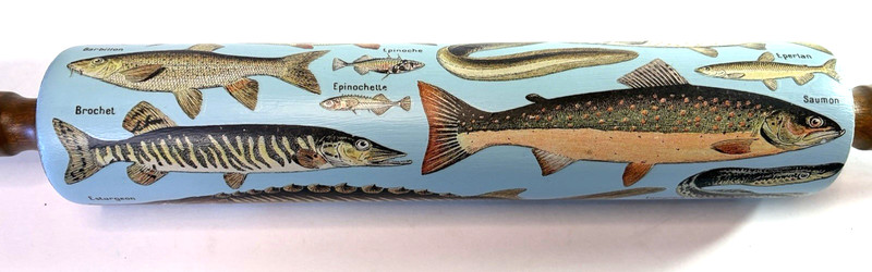 Decorative Painted Wooden Rolling Pin Vintage Fish Blue w/Dark Wood Handles gallery