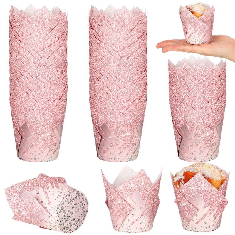 200 PCS Pink Tulip Cupcake Liners Rose Gold Wrappers Mini Paper Baking Cups